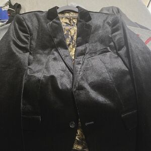 Express Men's Black Velvet Pea Coat with Gold Patterned Lining